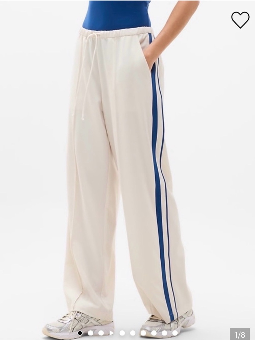 Athlete Cream Wide-Leg Track Pants with Blue Side Stripes